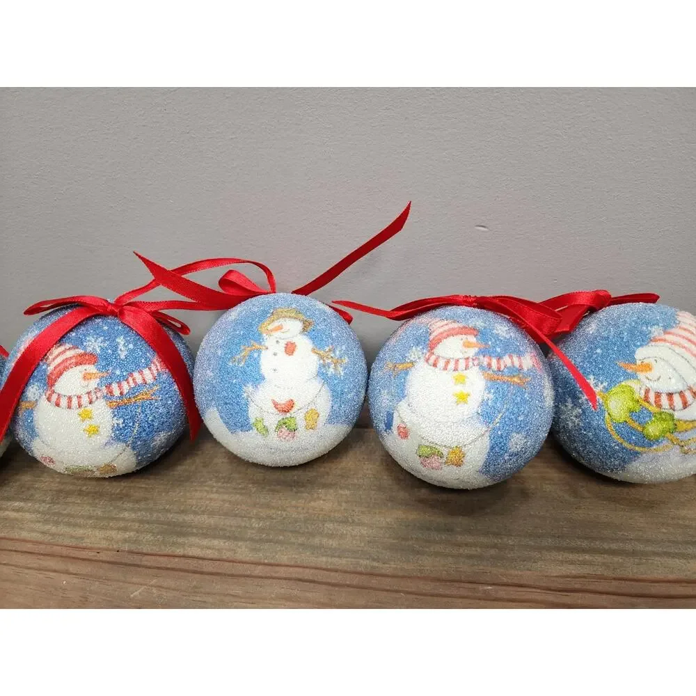 Vintage Sugar Coated Christmas Tree Ornaments Red Ribbon Snowman Lot Of 6